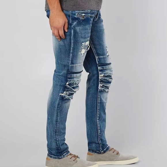 DOPE 34x32 Weir Moto Stretch Jeans Mens Distressed Patched Button Fly D2018P201 - Picture 12 of 12